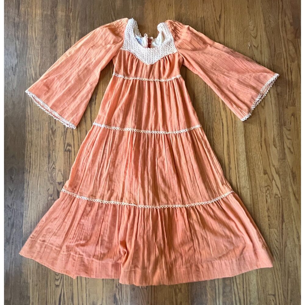 Vintage TRIVIA Orange White Tiered Y2K Maxi Prairie Dress  Women's Size 8 - Picture 3 of 9